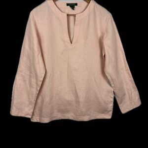 Lauren Ralph Lauren Womens Embroidered 100% Linen Tunic Top Sz L Pink Breathable